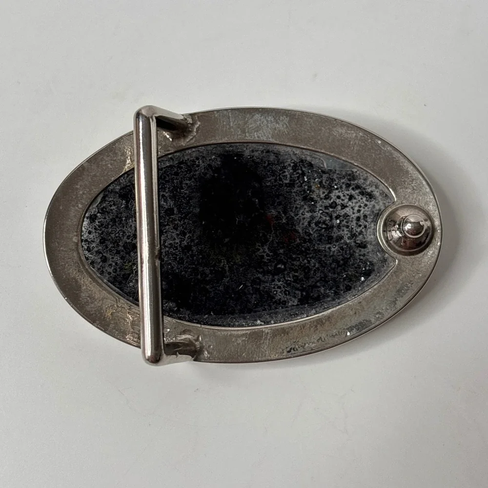 Oval Belt Buckle Resin Black Gray Green Stone Accents Mens Silver Tone Art‎ Boho